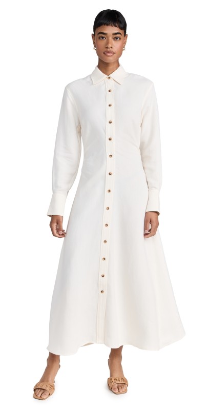 La Ligne Side Pleat Linen Shirt Dress Ivory