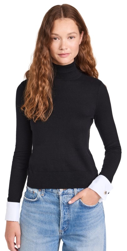 L'AGENCE Flora Poplin Cuff Sweater Black/White