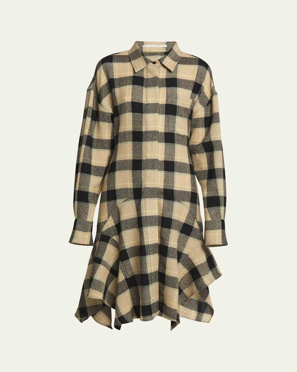 Plaid Wool Asymmetric Midi Shirtdress