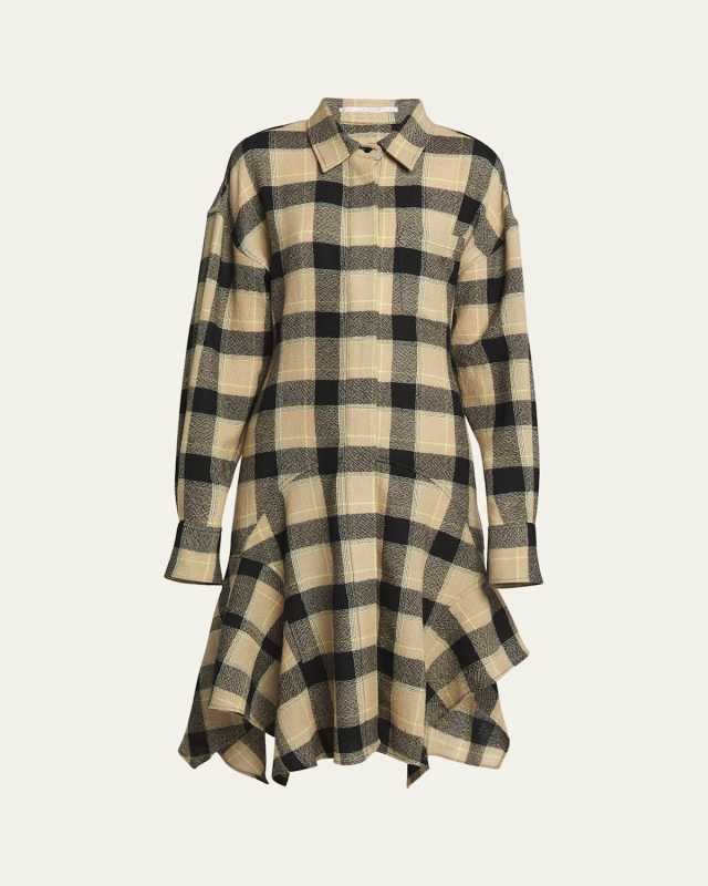 Plaid Wool Asymmetric Midi Shirtdress