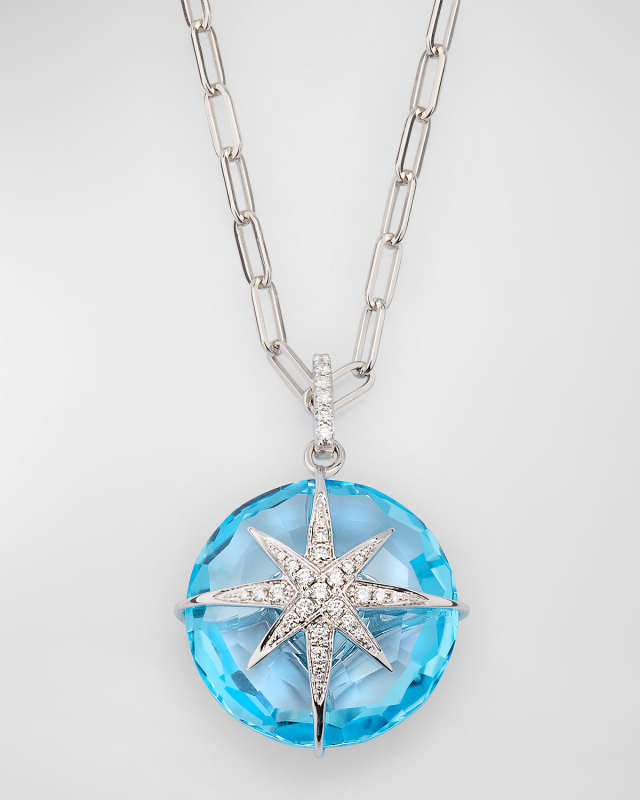 Rocks 18K White Gold Blue Topaz and North Star Diamond Paper Clip Pendant Necklace