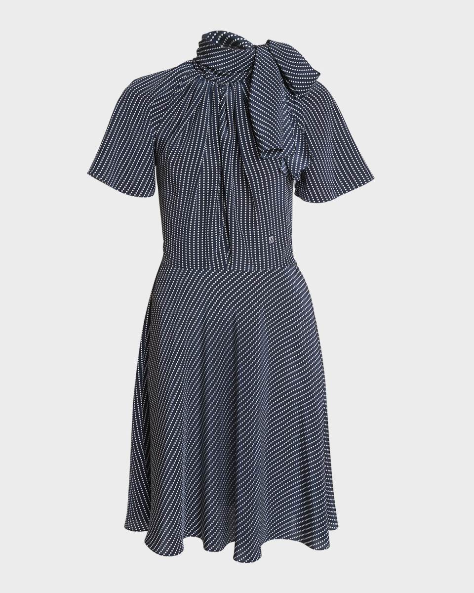 Polka-Dot Silk Mini Dress with Tie Neck