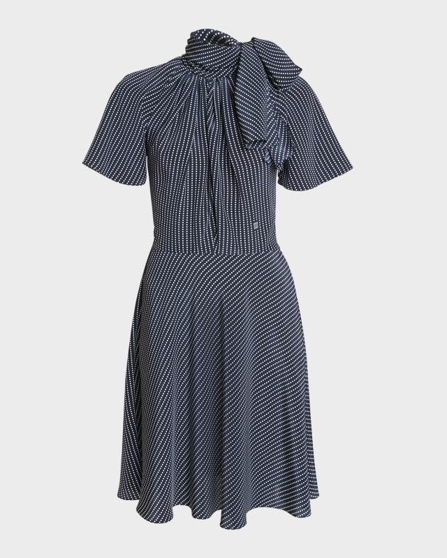 Polka-Dot Silk Mini Dress with Tie Neck