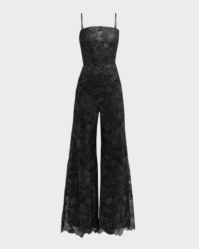 Wide-Leg Metallic Floral Lace Jumpsuit
