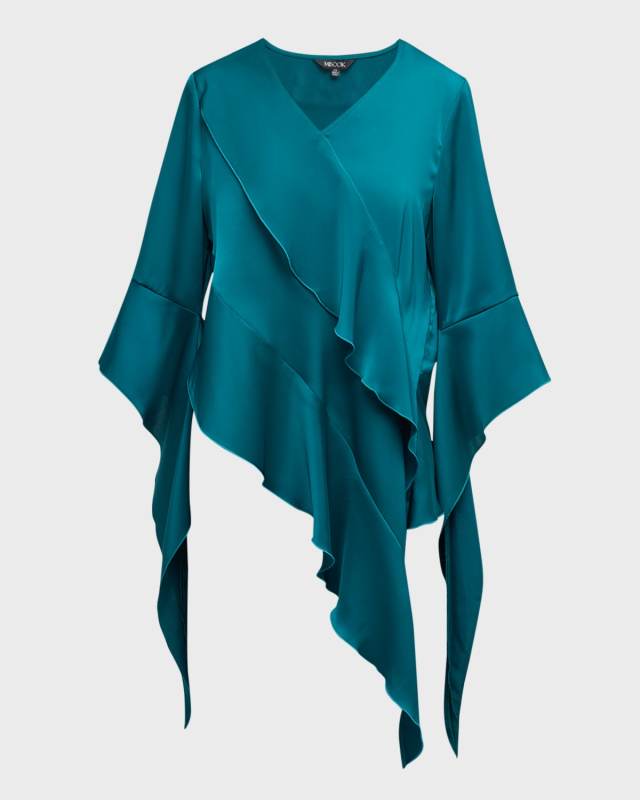 3/4-Sleeve Asymmetric Ruffle Blouse