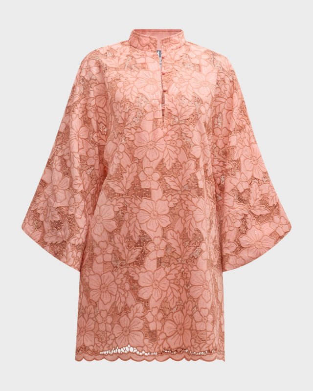 Flare-Sleeve Floral Lace Mini Caftan