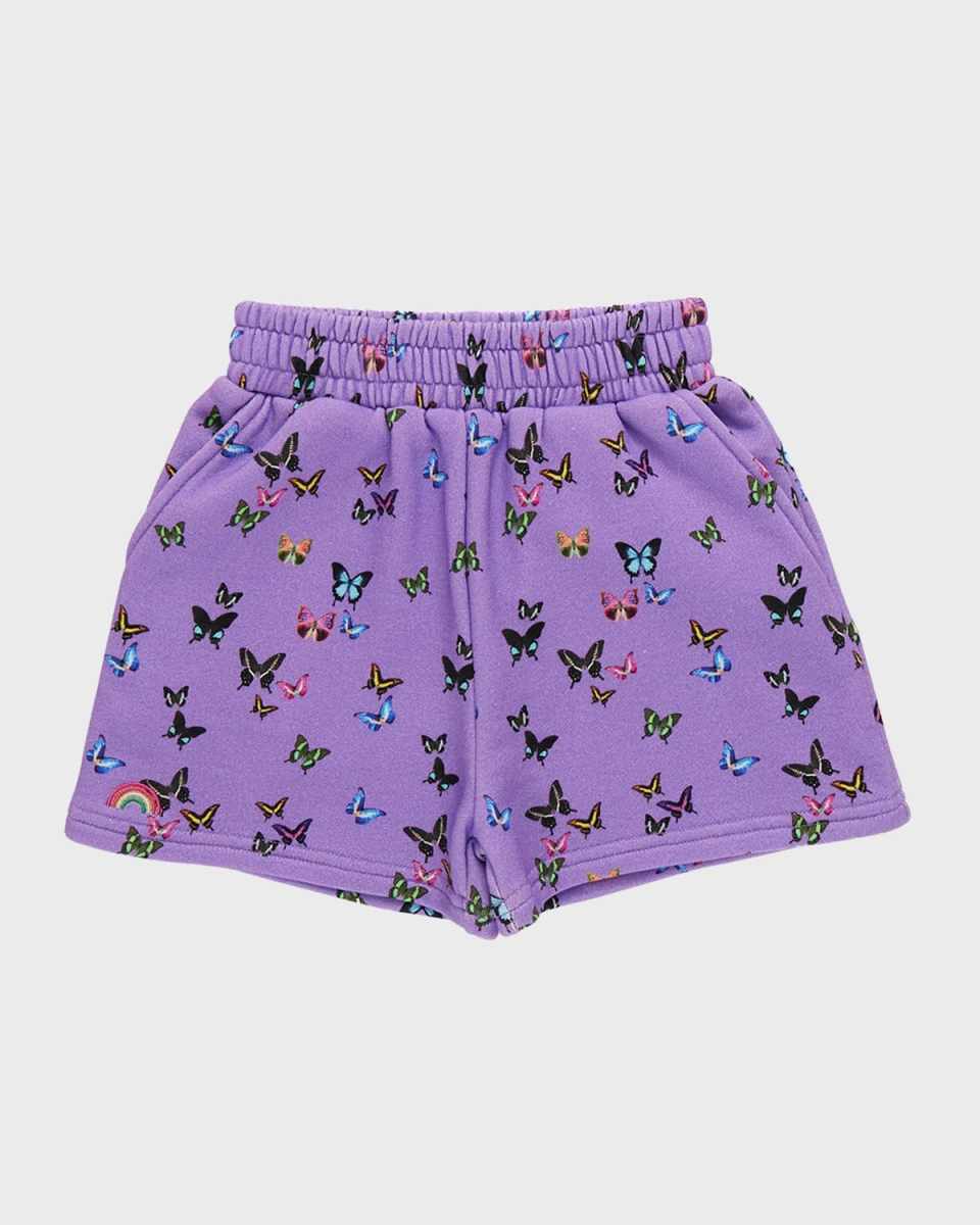 Girl's Purple Butterflies Cotton Sweat Shorts, Size 4-12