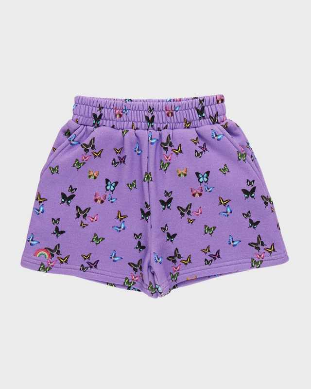 Girl's Purple Butterflies Cotton Sweat Shorts, Size 4-12