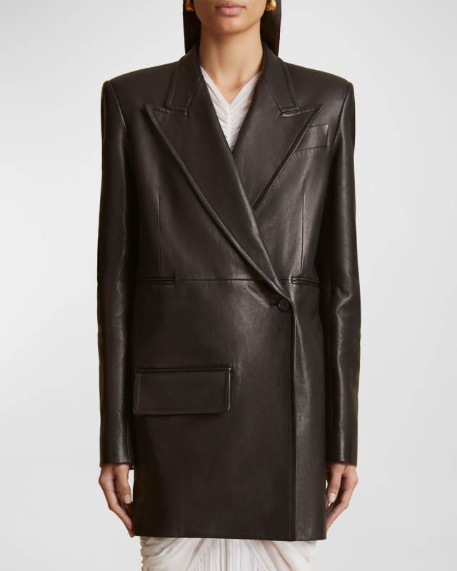 Jacobson Textured Leather Double-Breasted Blazer Jacket
