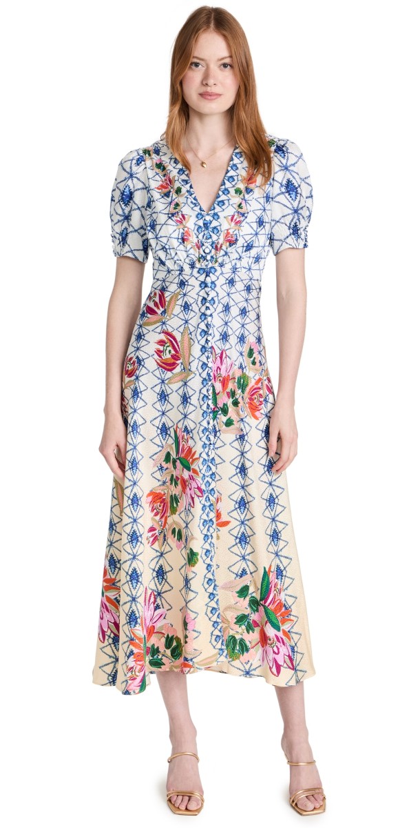 Saloni Lea Long Dress Opal Trellis Plmt