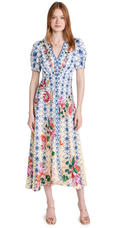 Saloni Lea Long Dress Opal Trellis Plmt