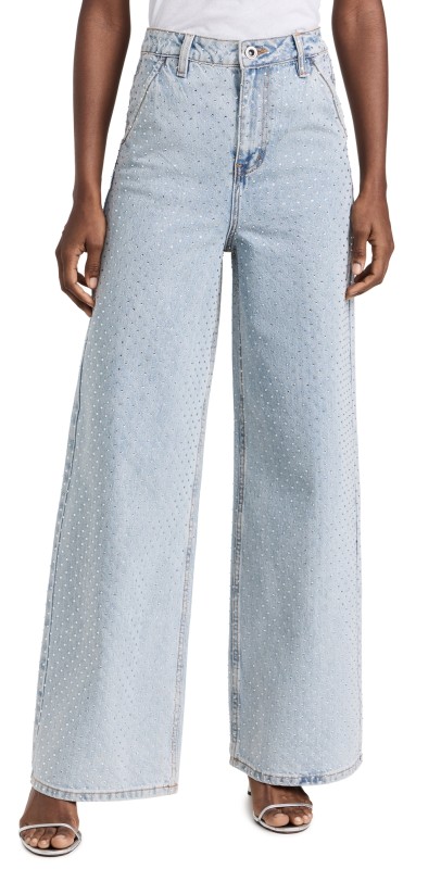 Self Portrait Blue Rhinestone Wide Leg Jeans Blue