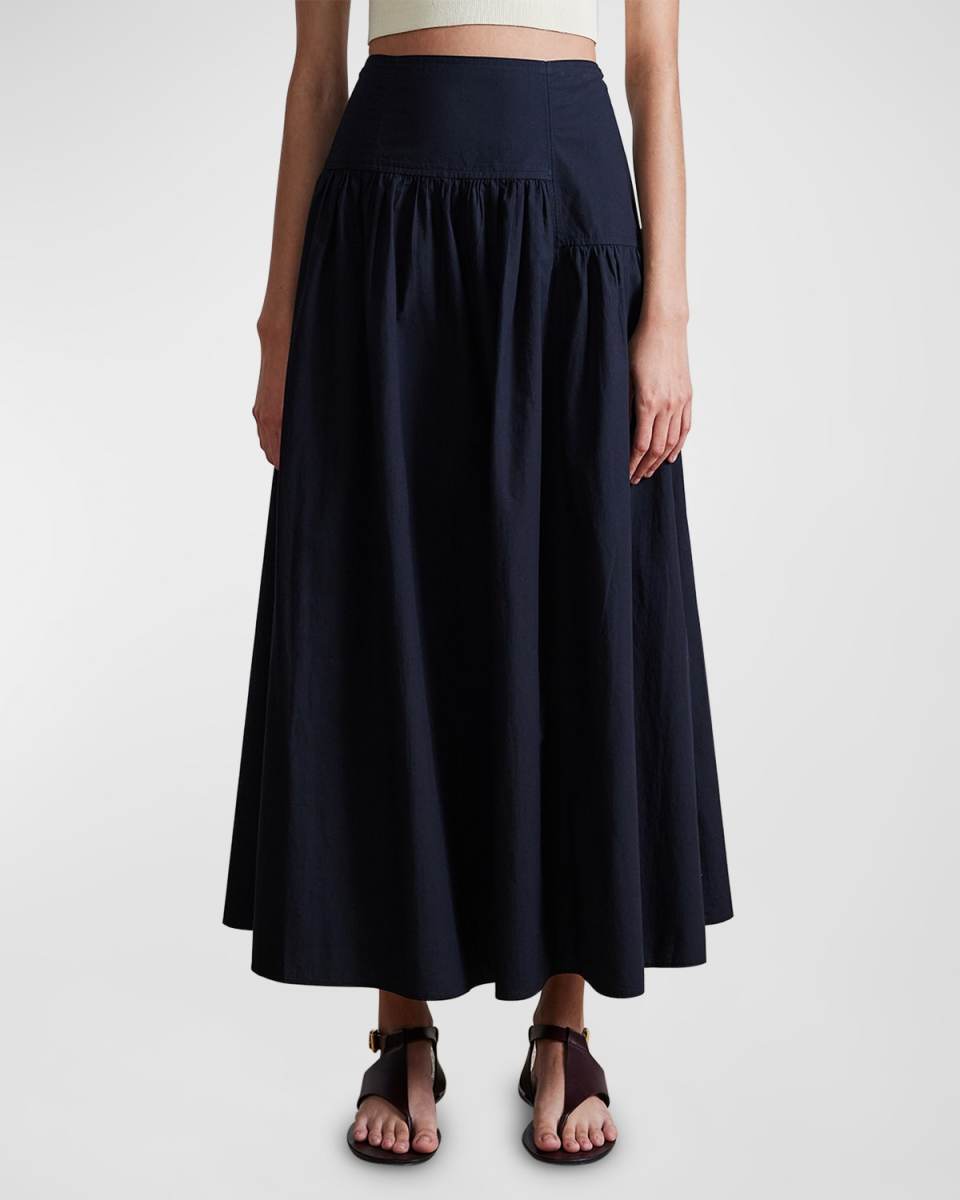 Nora Asymmetric Ruched Poplin Maxi Skirt