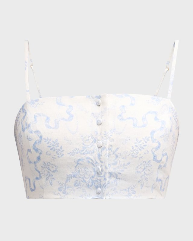Isadore Bow-Print Linen Crop Top