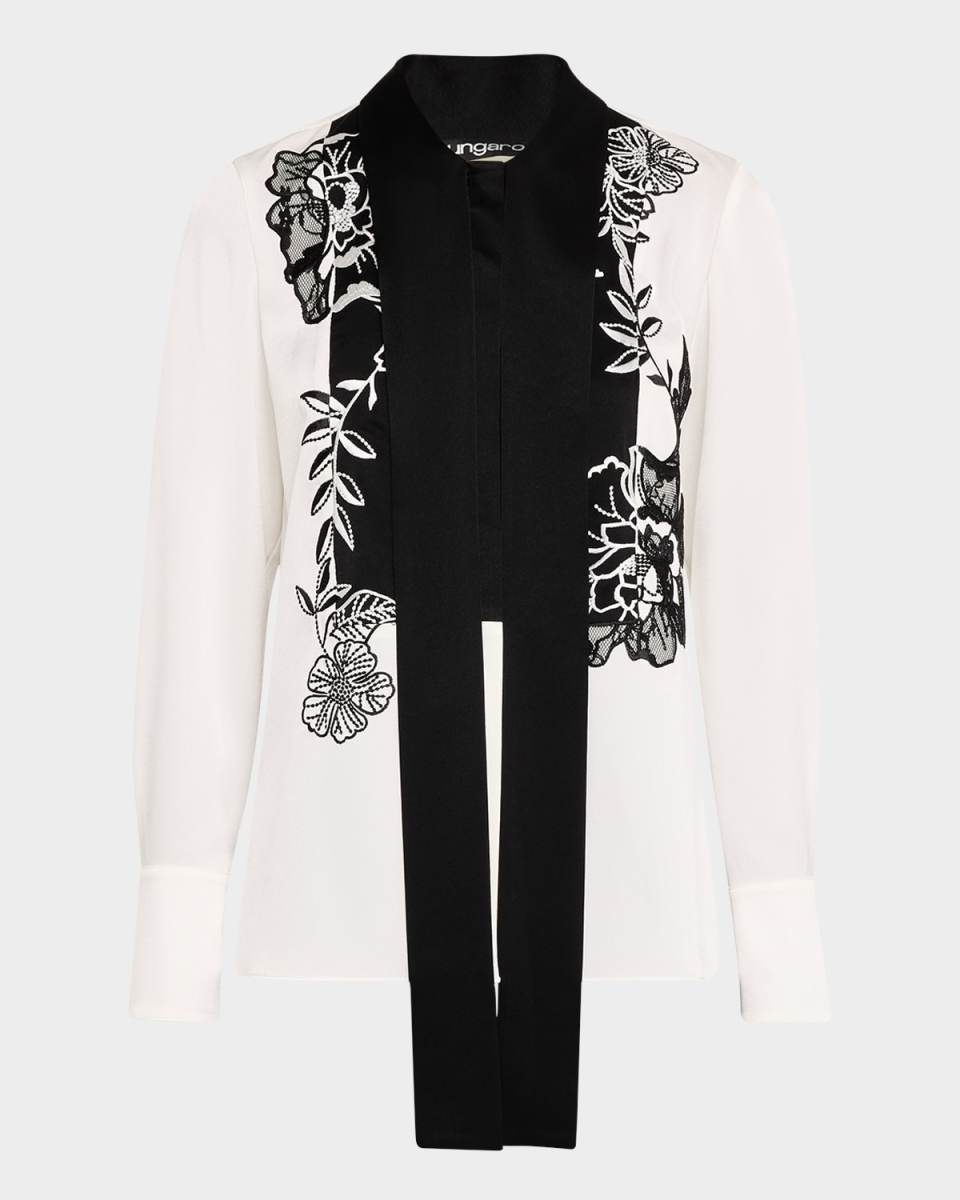 Embroidered Tie-Neck Blouse