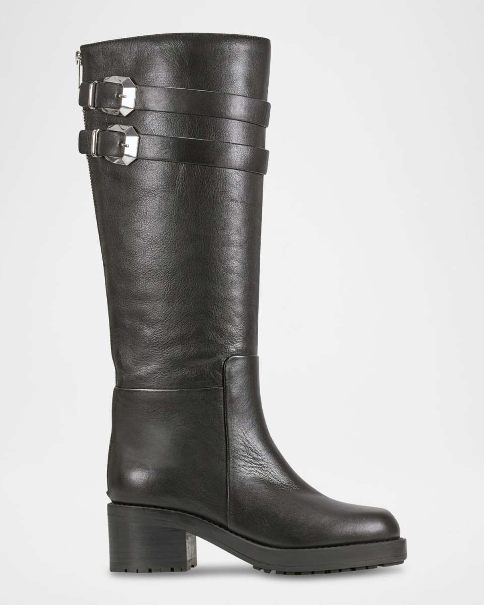 Leather Buckle Lug Riding Boots With Zipper