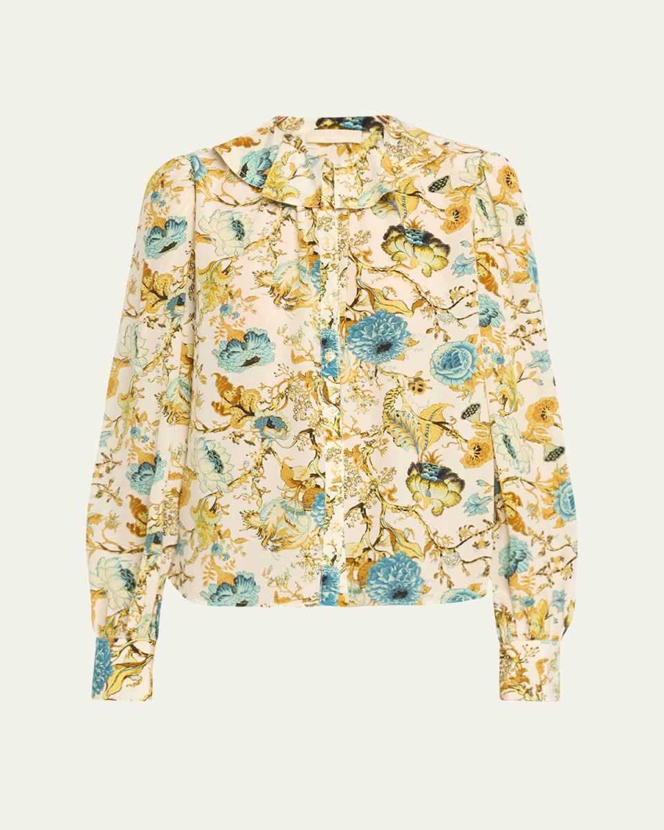 Veron Floral Silk Ruffle-Collar Blouse
