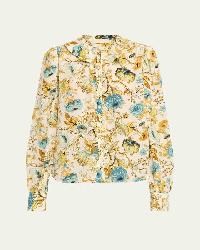 Veron Floral Silk Ruffle-Collar Blouse