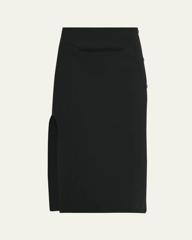 Side Button Tailored Curve Slit Wool Midi Skirt