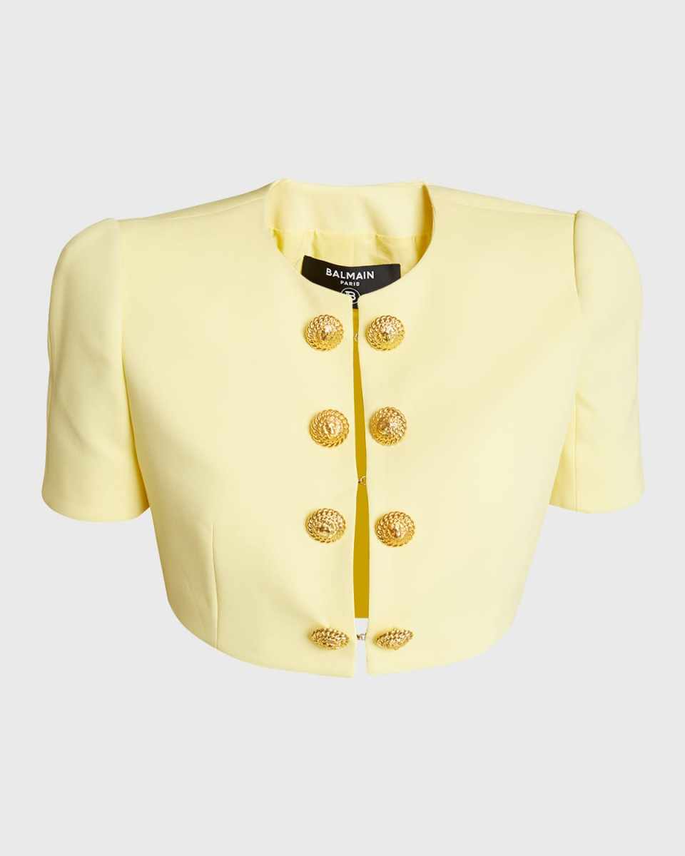 4-Button Short-Sleeve Crepe Crop Jacket