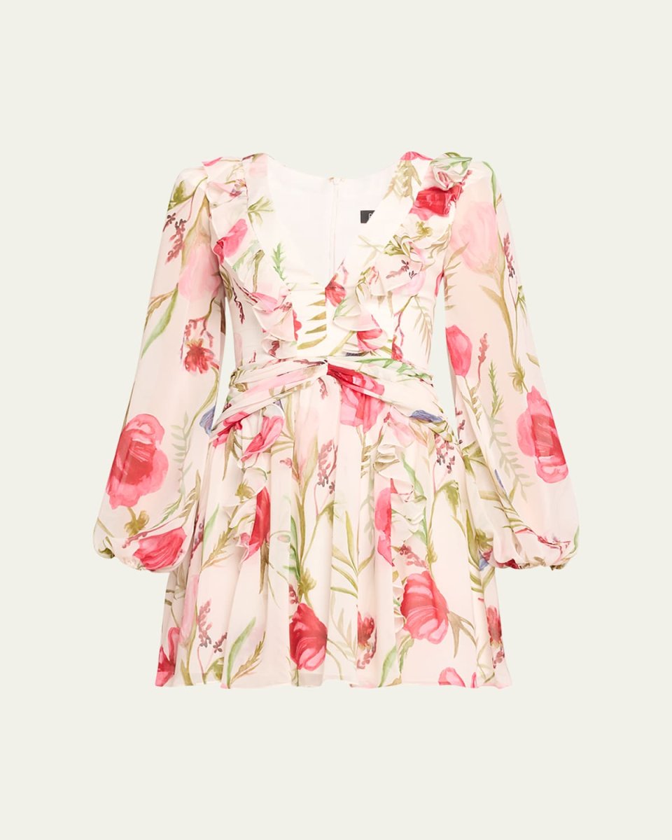 Viera Blouson-Sleeve Ruffled V-Neck Mini Dress