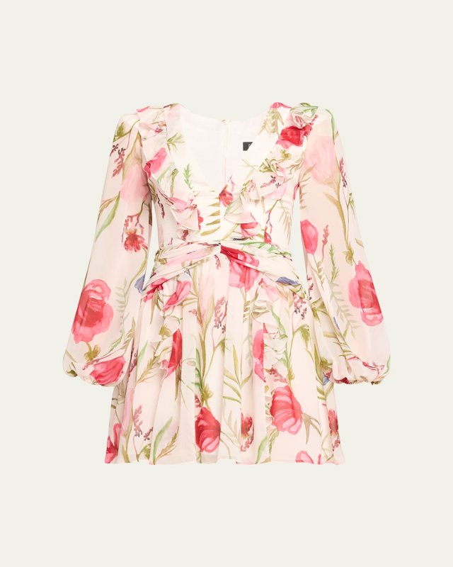 Viera Blouson-Sleeve Ruffled V-Neck Mini Dress