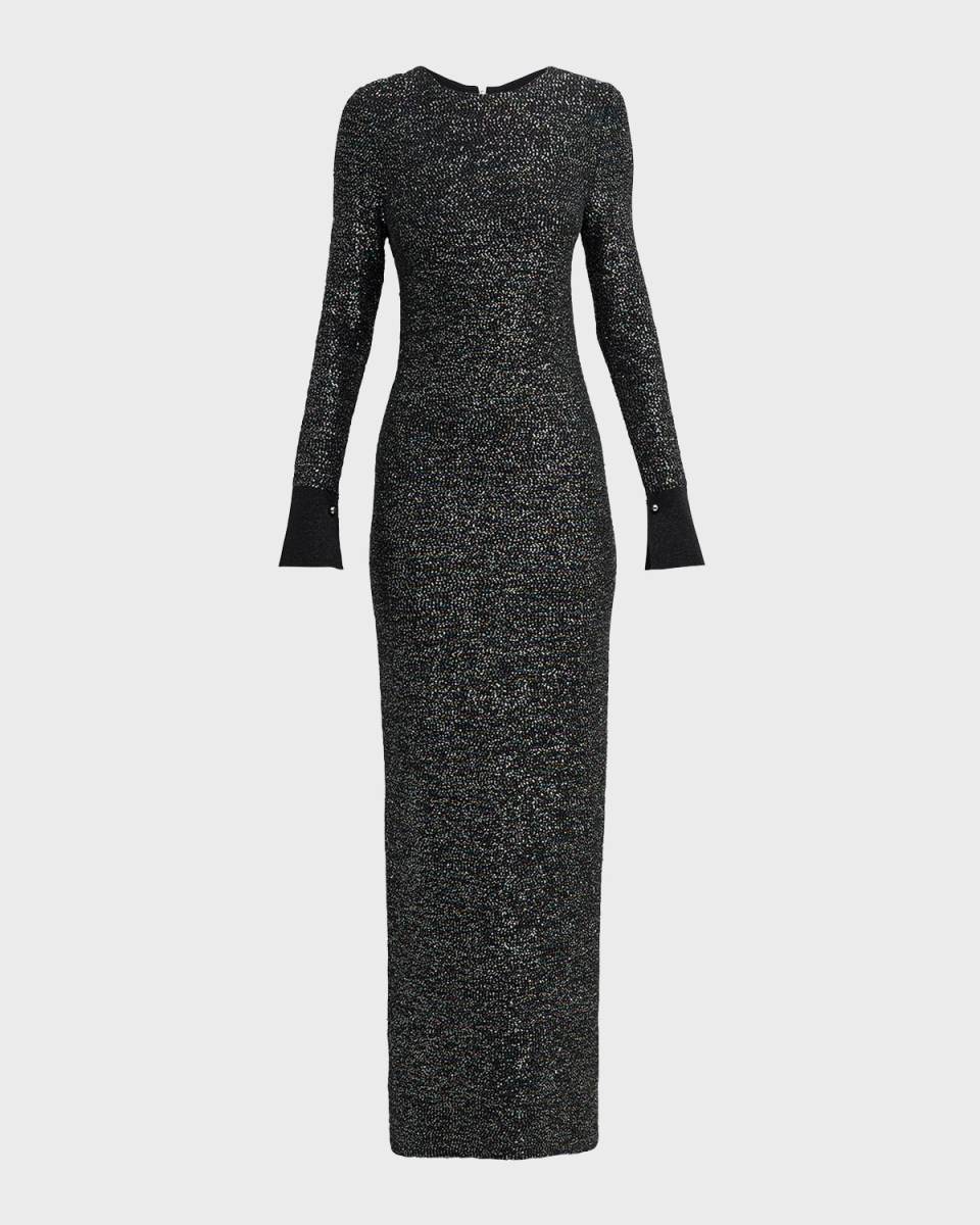 Long-Sleeve Iridescent Sequin Knit Column Gown