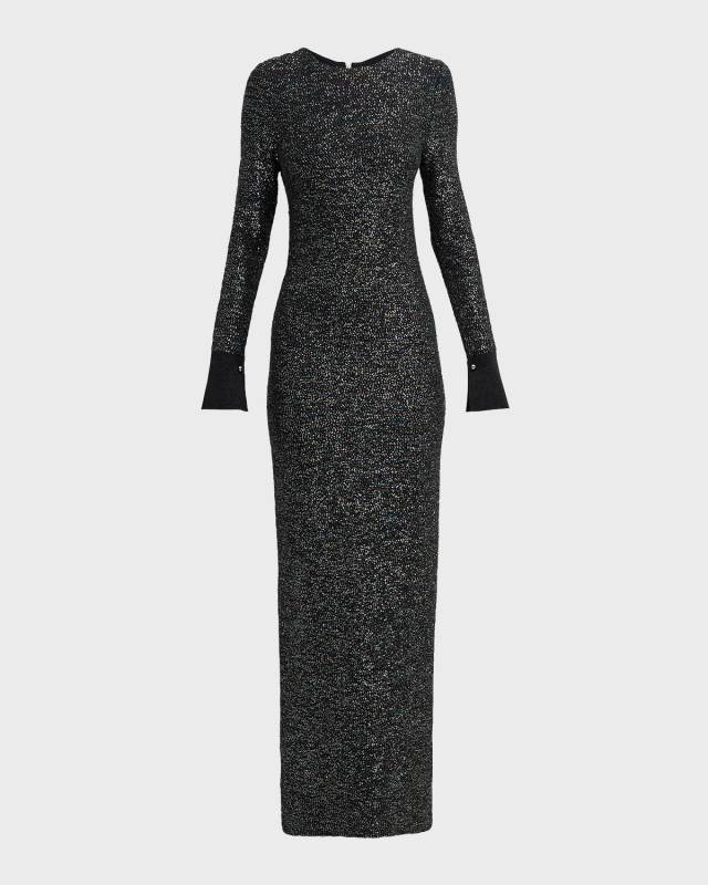 Long-Sleeve Iridescent Sequin Knit Column Gown