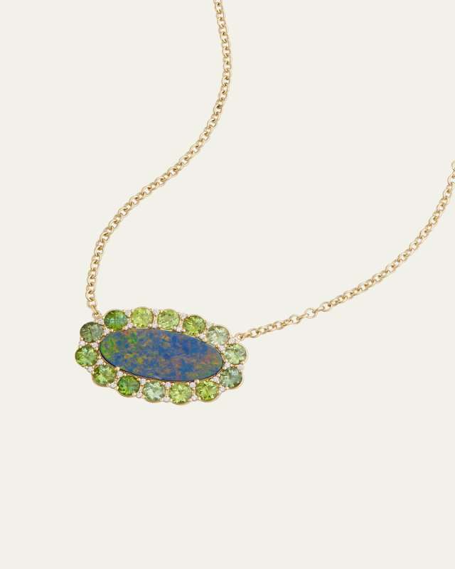 18K Yellow Gold Opal Necklace with Green Tourmaline and Diamonds
