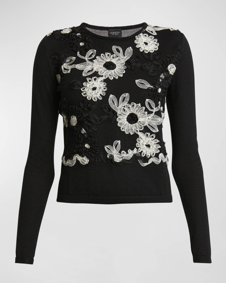 Flower Ribbon-Embroidered Long-Sleeve Knit Sweater