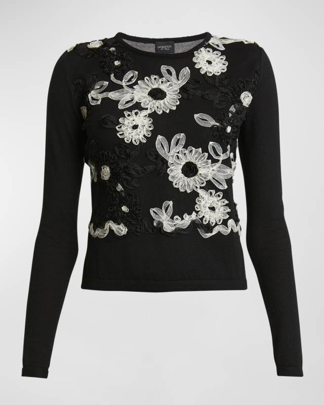 Flower Ribbon-Embroidered Long-Sleeve Knit Sweater