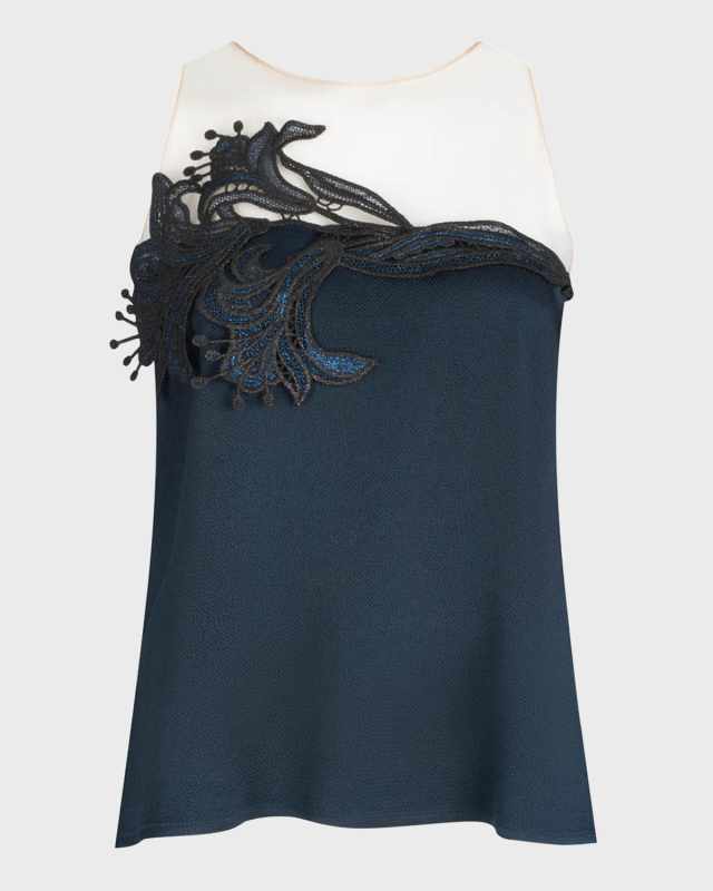 Brisa Metallic Floral-Lace Sleeveless Illusion Blouse