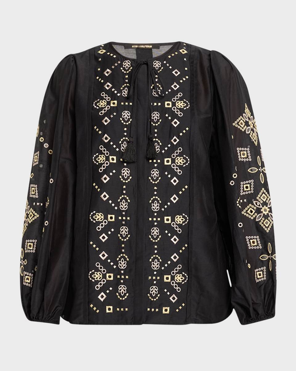 Bridgette Embroidered Blouson-Sleeve Blouse