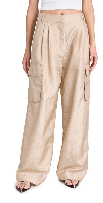 Tibi Crispy Nylon Stella Pleated Cargo Pants Desert Sand