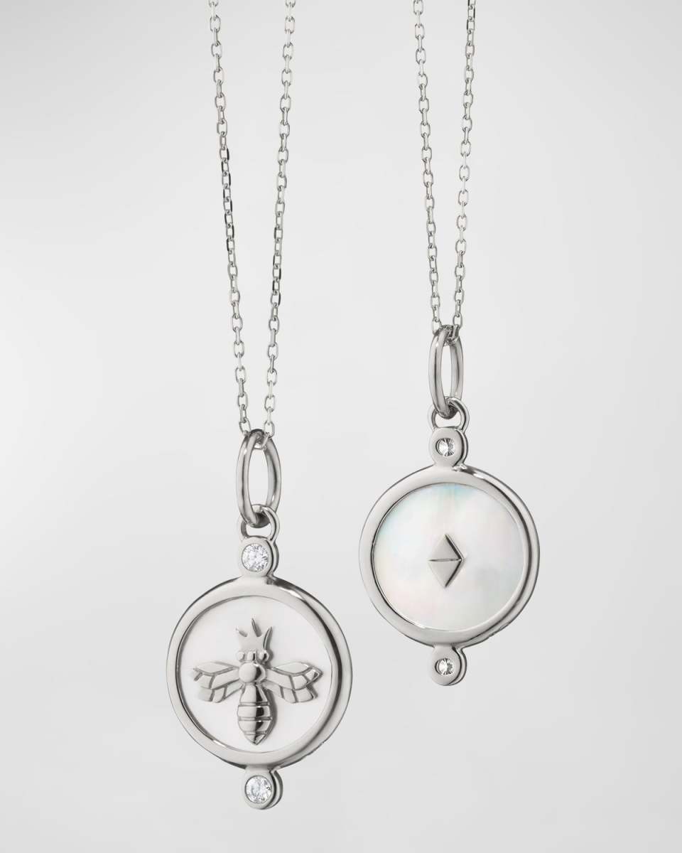 Sterling Silver Queen Bee Charm Necklace with Mother-of-Pearl and White Sapphires, 18"L