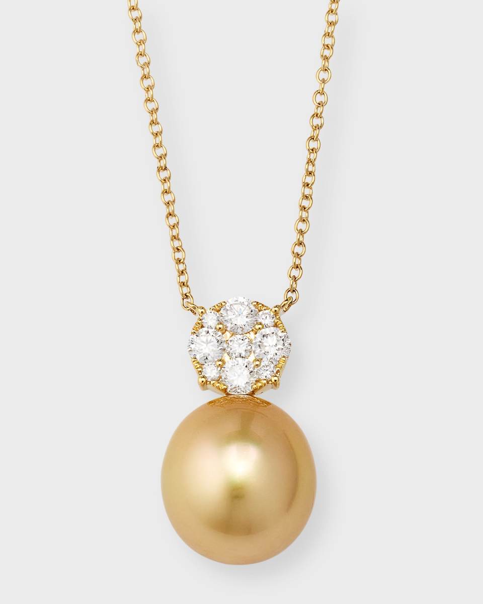 18K Yellow Gold Pave Diamond and Golden Pearl Pendant Necklace, 18"L