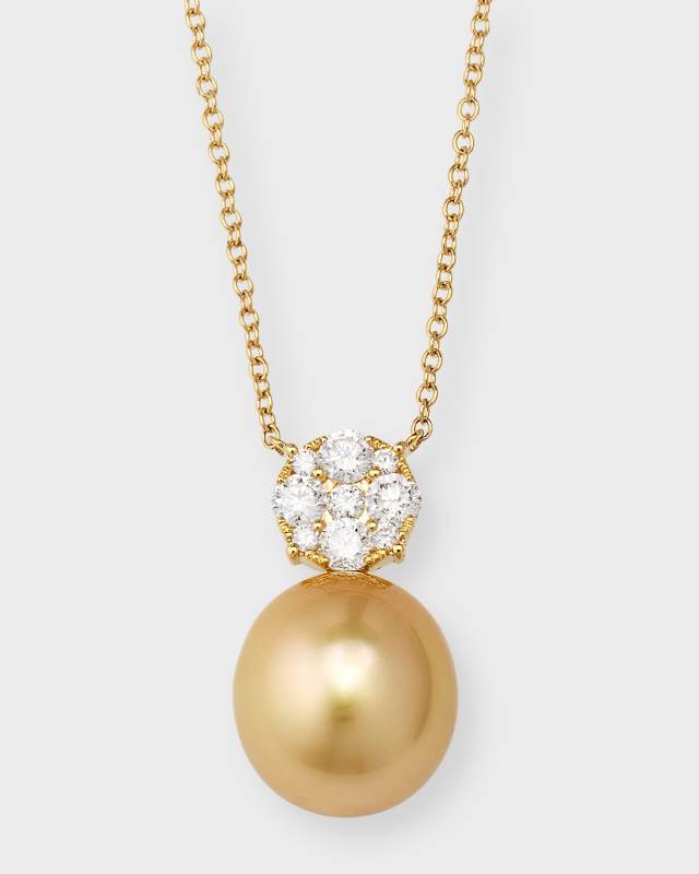 18K Yellow Gold Pave Diamond and Golden Pearl Pendant Necklace, 18"L