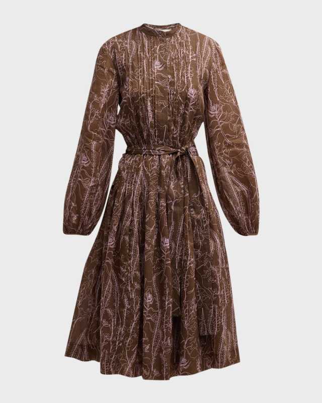 Pleated Floral-Print Pintuck Midi Dress