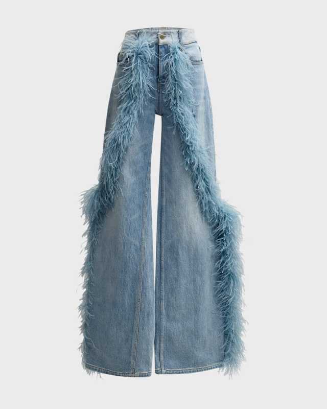 Bartlett Mid-Rise Feather-Trim Straight-Leg Jeans
