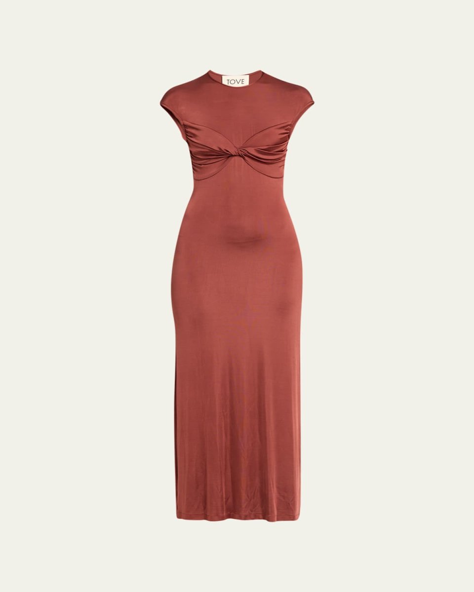 Mali Cap-Sleeve Twist-Front Satin Maxi Dress
