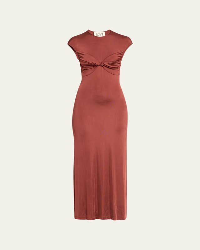 Mali Cap-Sleeve Twist-Front Satin Maxi Dress