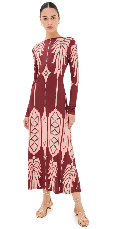 Johanna Ortiz Alma Bordada Ankle Dress Apacheria Wine/Salmon/Green