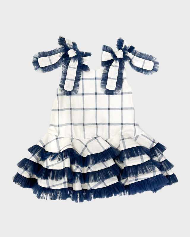 Girl's Checkered Ruffle-Trim Linen Dress, Size 12M-8