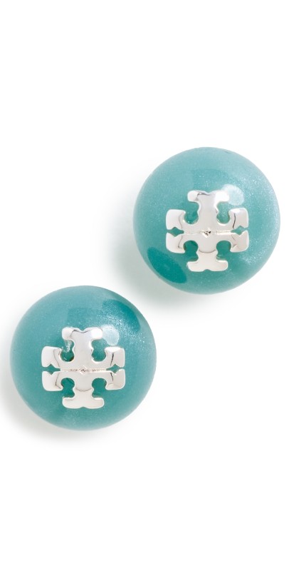 Tory Burch Resin Logo Stud Earrings Light Silver/Soft Blue