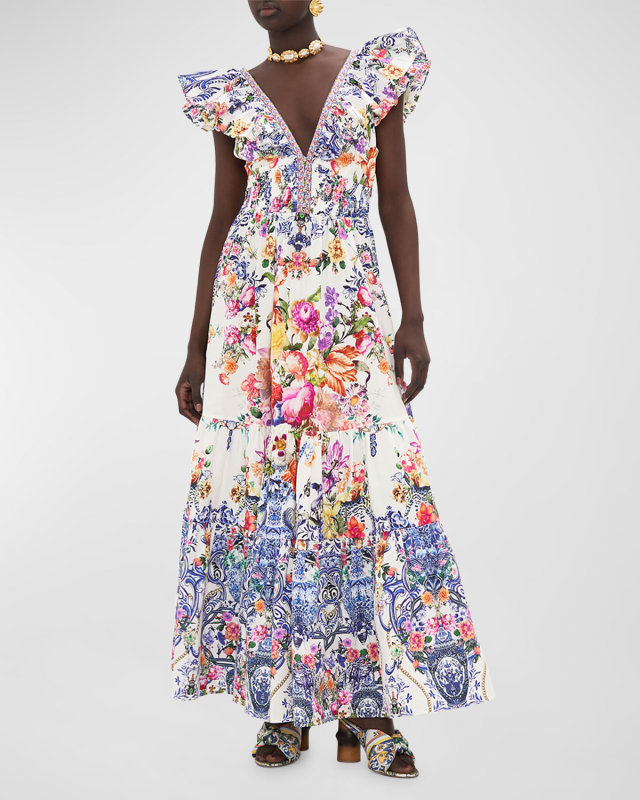 Neck Frill Tiered Floral Poplin Maxi Dress