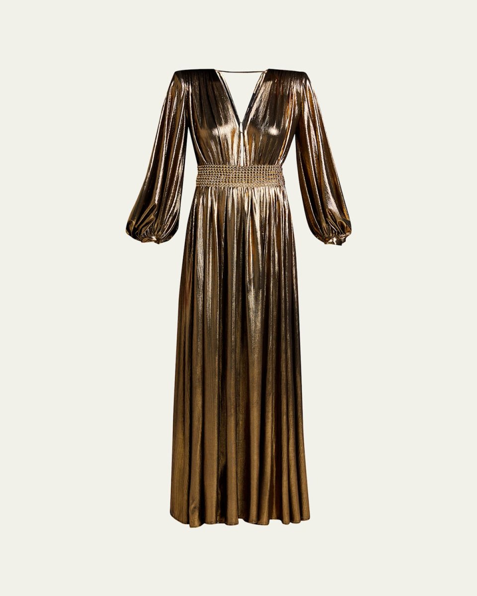 Zoe Metallic Lame Blouson-Sleeve Gown