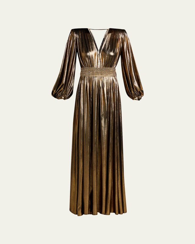 Zoe Metallic Lame Blouson-Sleeve Gown