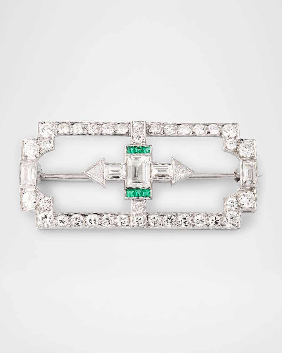 Estate Platinum Diamond and Emerald Calibre Pin