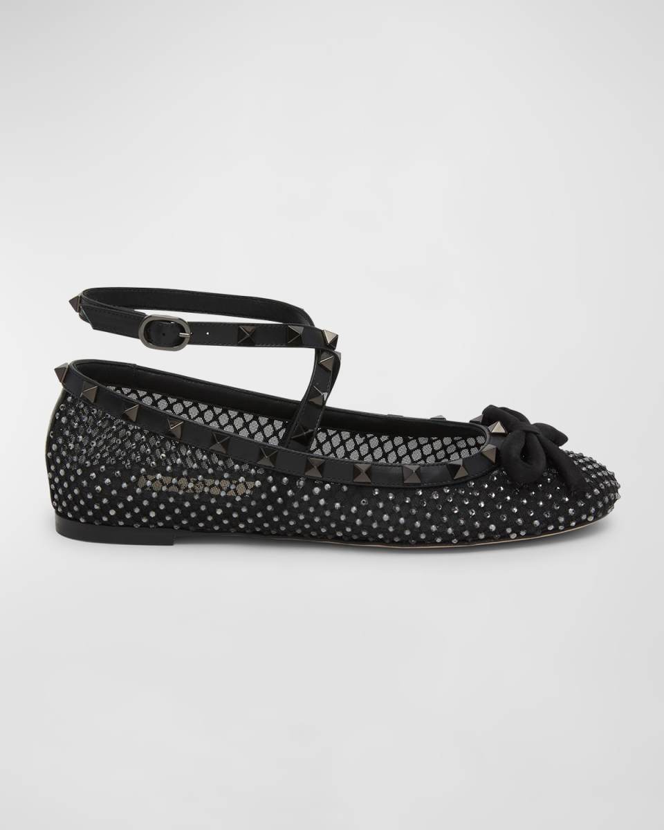 Rockstud Crystal Mesh Ankle-Strap Ballerina Flats