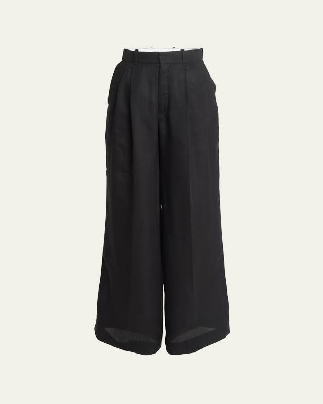 Wide Ramie Voile Sailor Pants With Front Pleats